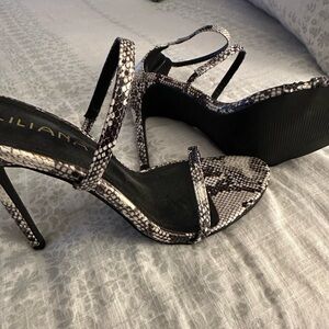 Liliana Black and White Snake-Print Strappy Stiletto Heels